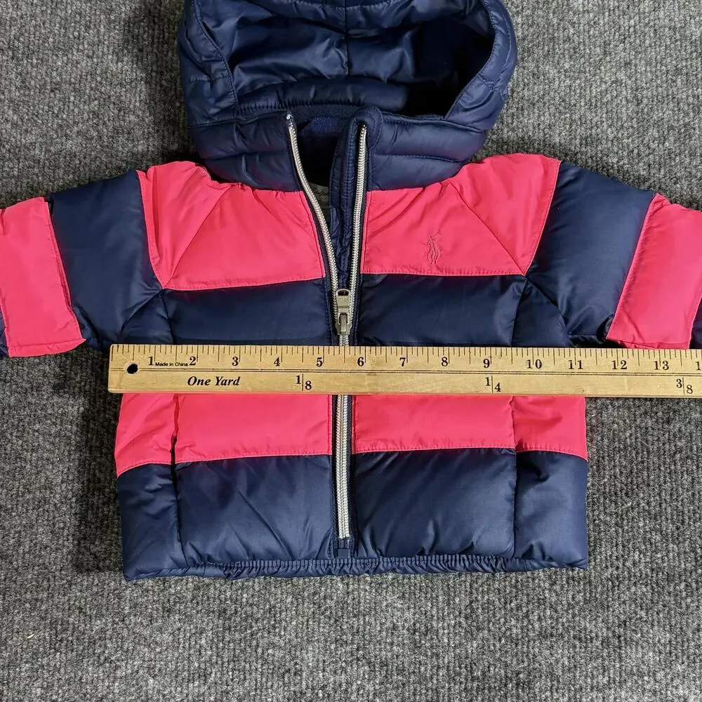 Ralph Lauren Jacket Infant Girls 3M Pink Navy Hooded Down Puffer Winter Coat